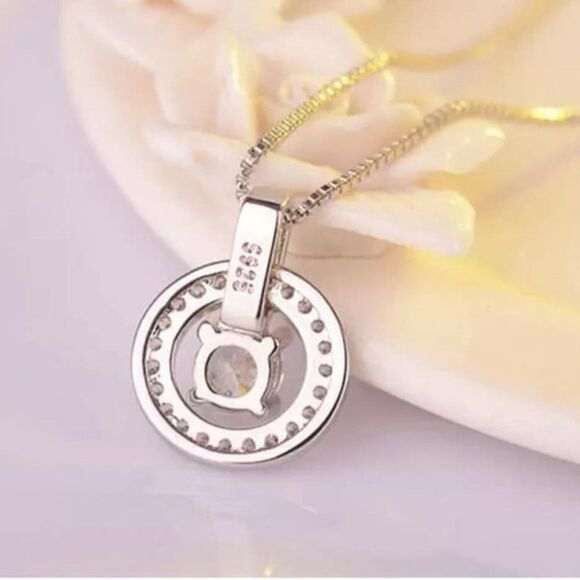 Sterling Silver Solitaire and Halo Pendant Necklace - Picture 3 of 7